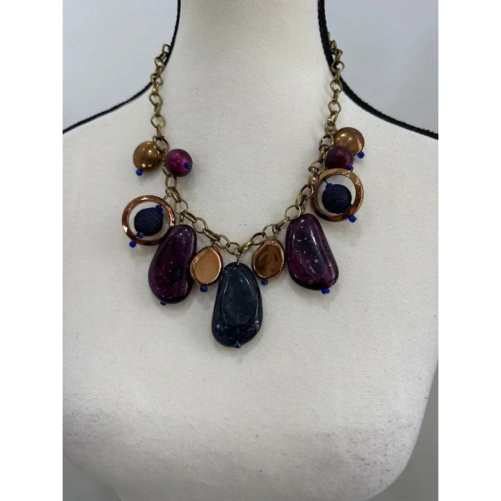 Chico's Statement Necklace Women OS Purple Navy Bronze Good Mixed Media‎ Bib